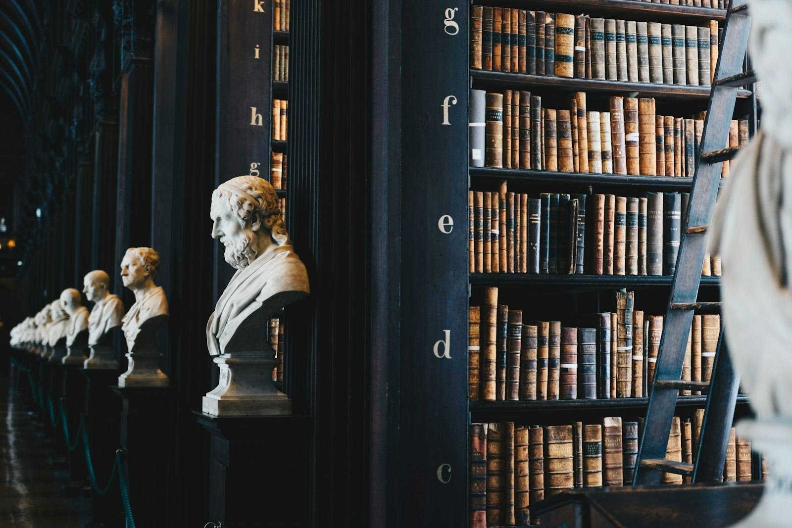 Biblioteca clássica com estantes de livros antigos e bustos de mármore