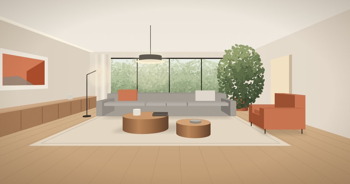 Ilustração de sala ampla em tons de areia com sofá cinza, mesas de centro redondas em madeira e janelão voltado para o verde