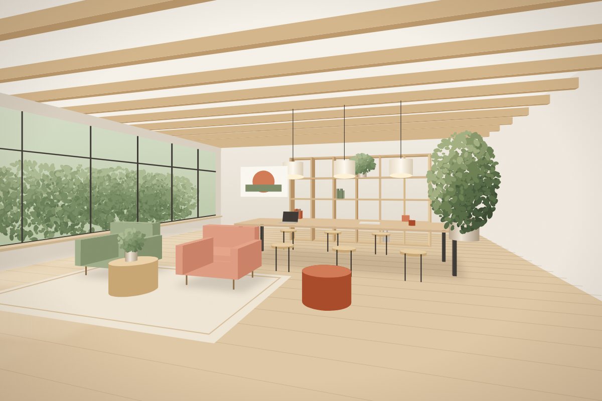 Ilustração de espaço de trabalho claro com poltronas, estante divisória em compensado e grandes janelas para o jardim