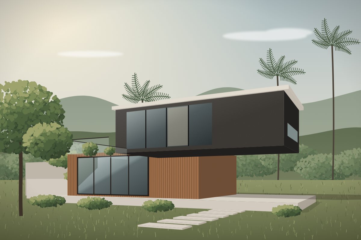 Ilustração de casa de dois pavimentos com volume preto em balanço, base revestida em ripas de madeira e terraço com guarda-corpo de vidro