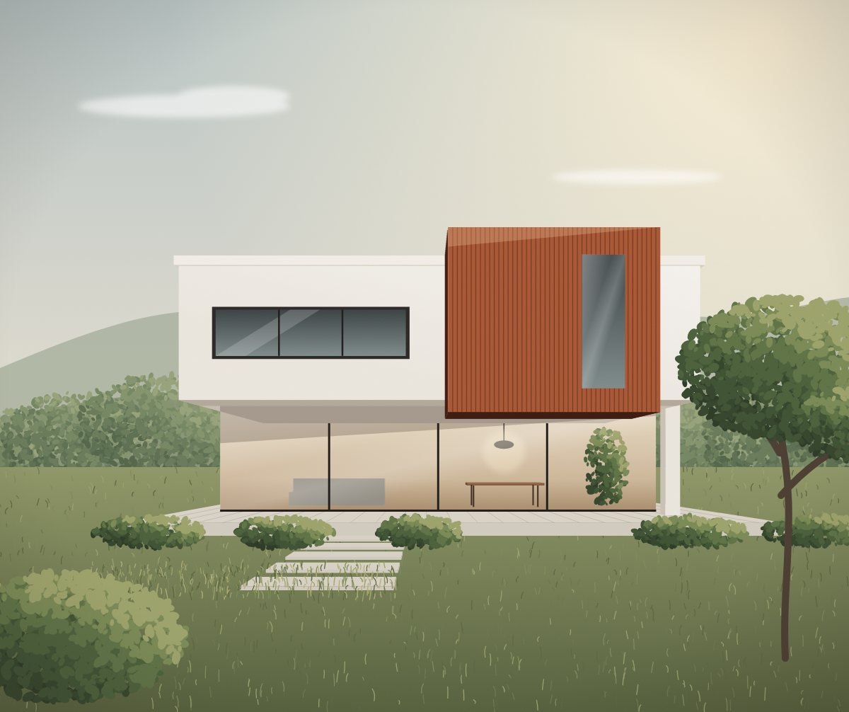 Ilustração de residência contemporânea com fachada branca, volume revestido em madeira avermelhada e térreo envidraçado aberto para o jardim