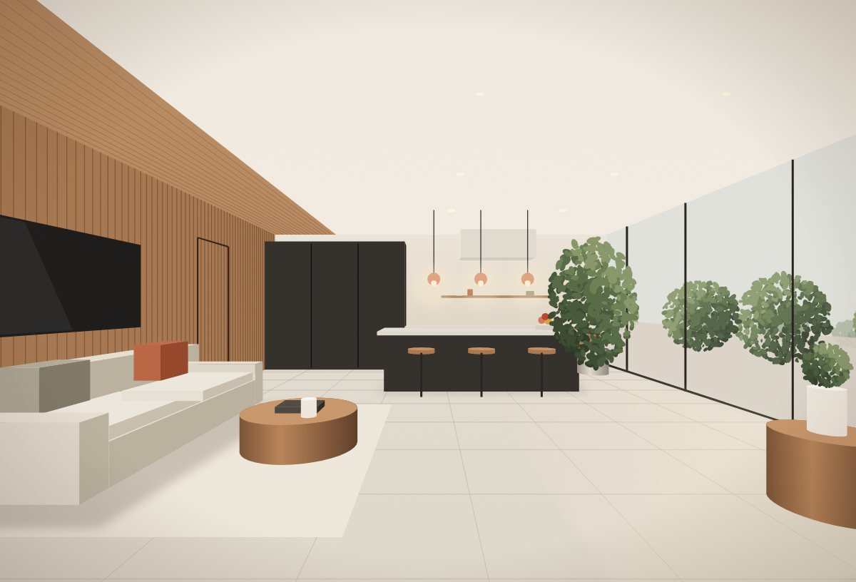 Ilustração de living integrado com sofá claro, parede revestida em ripas de madeira, cozinha aberta ao fundo e varanda envidraçada