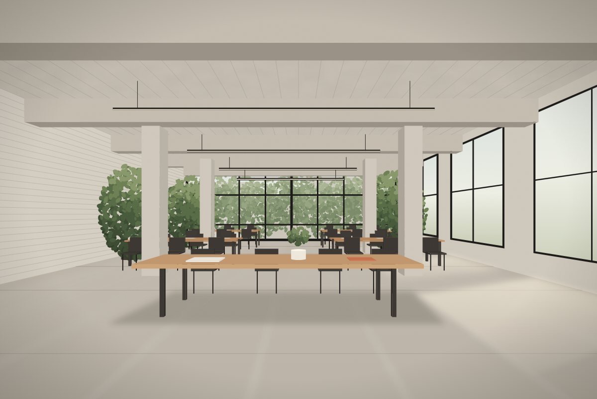 Ilustração de escritório com laje e vigas de concreto aparente, caixilhos pretos do piso ao teto, mesas compartilhadas e mesa de reunião