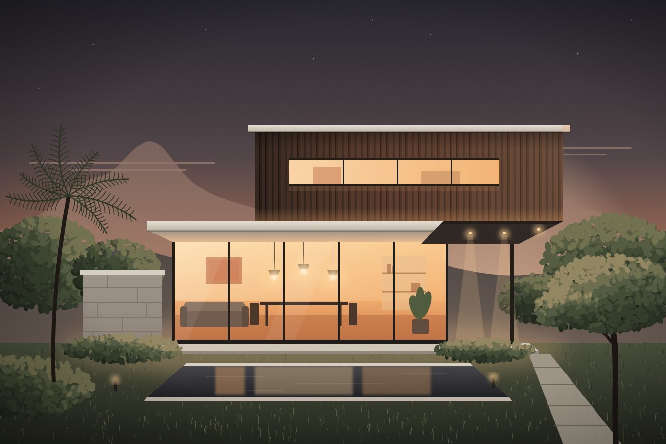 Ilustração de casa contemporânea ao entardecer, com volume em ripas de madeira escura, térreo envidraçado iluminado e espelho d'água no jardim