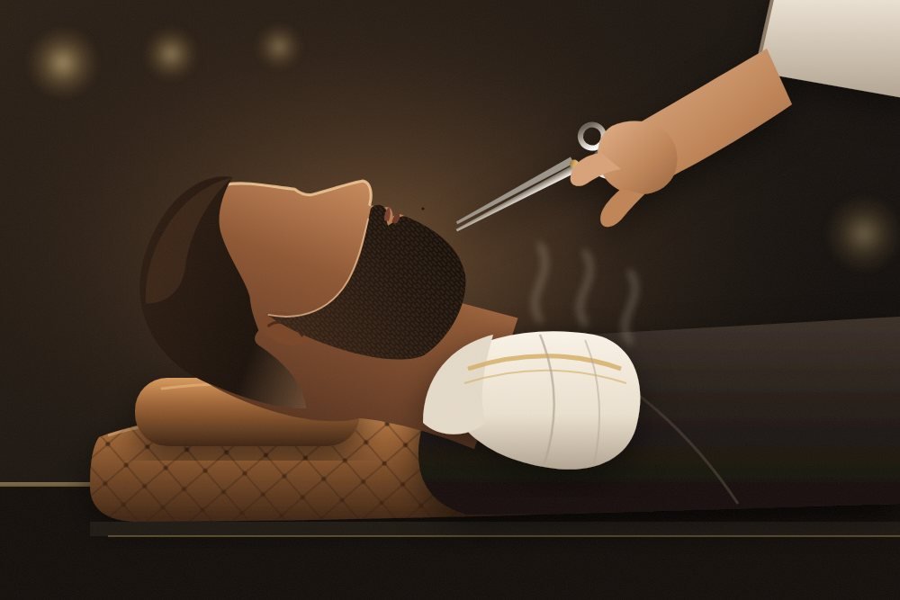 Ilustração: barbeiro aparando com tesoura a barba de um cliente reclinado na cadeira, com toalha quente