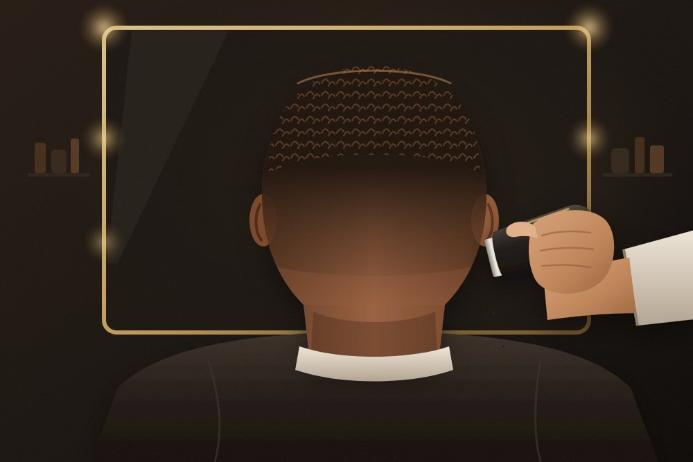 Ilustração: cliente de costas finalizando um degradê texturizado com máquina