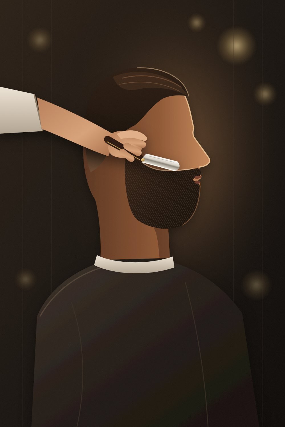 Ilustração: barbeiro acertando com navalha o contorno da barba de um cliente