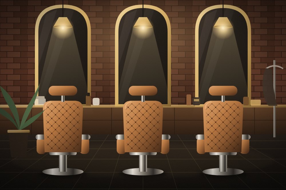 Ilustração do salão da barbearia com cadeiras de couro, espelhos em arco e parede de tijolos