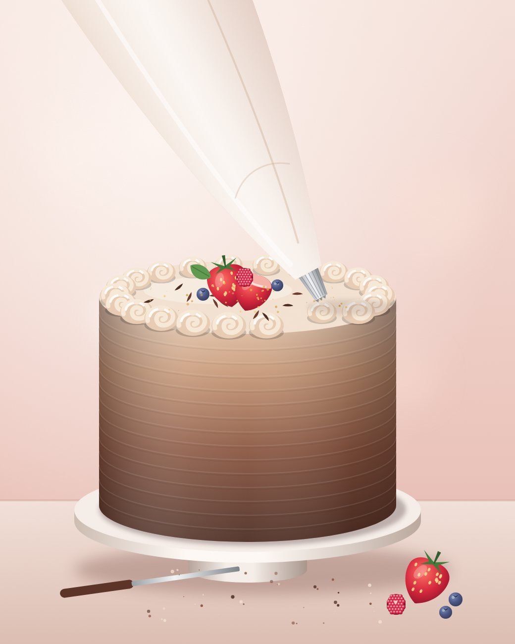 Ilustração de bolo ombré de chocolate sendo finalizado com saco e bico de confeitar