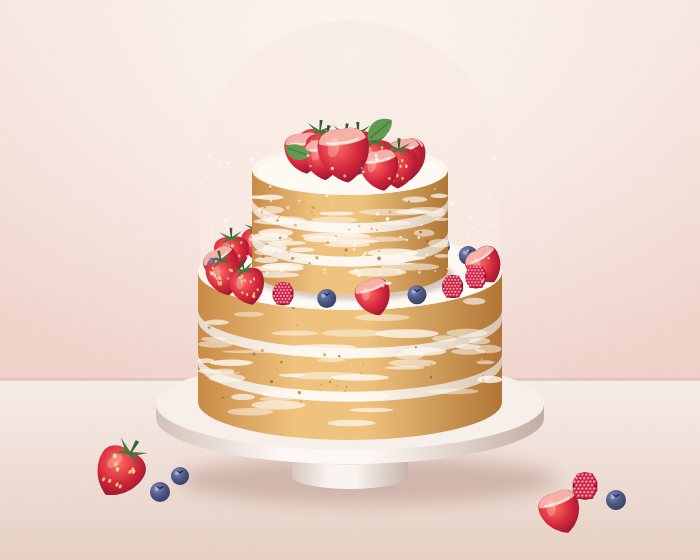 Ilustração de naked cake de dois andares decorado com morangos, mirtilos e framboesas