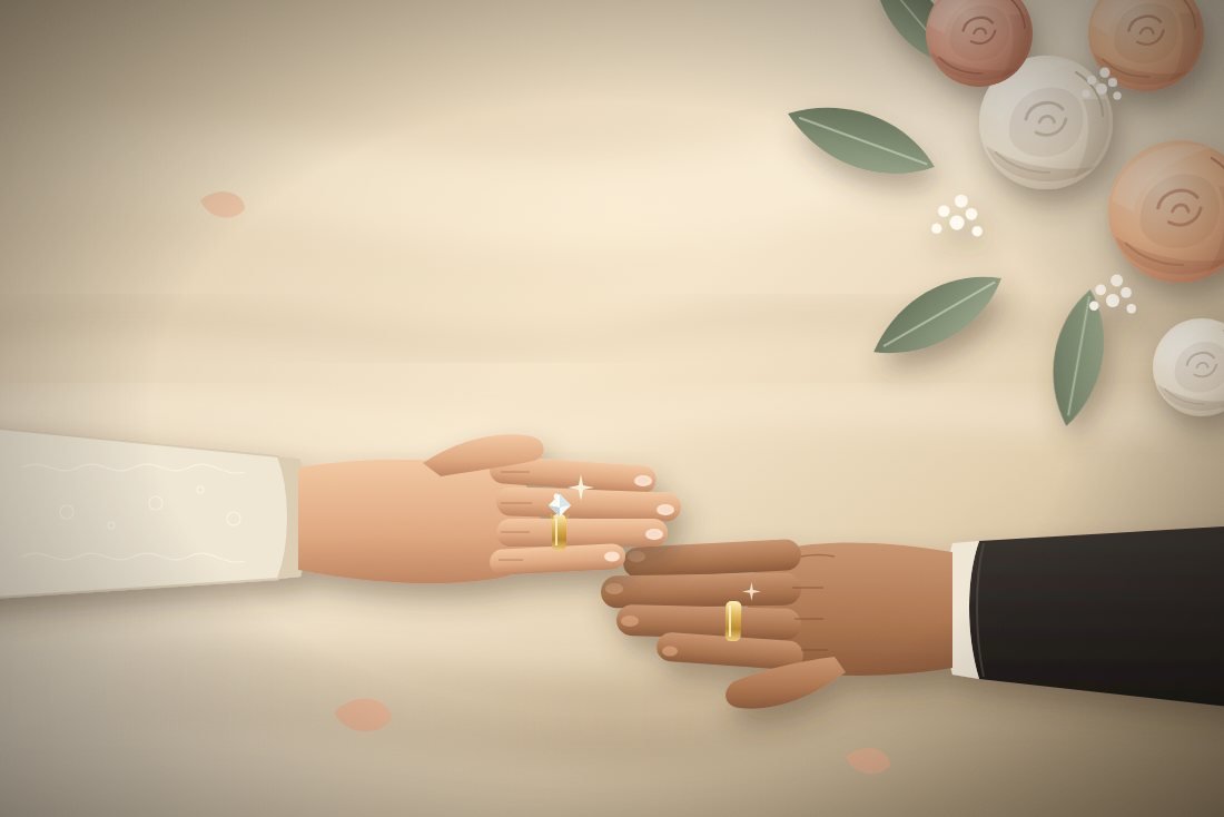 Ilustração das mãos dos noivos com alianças douradas ao lado de um buquê de rosas