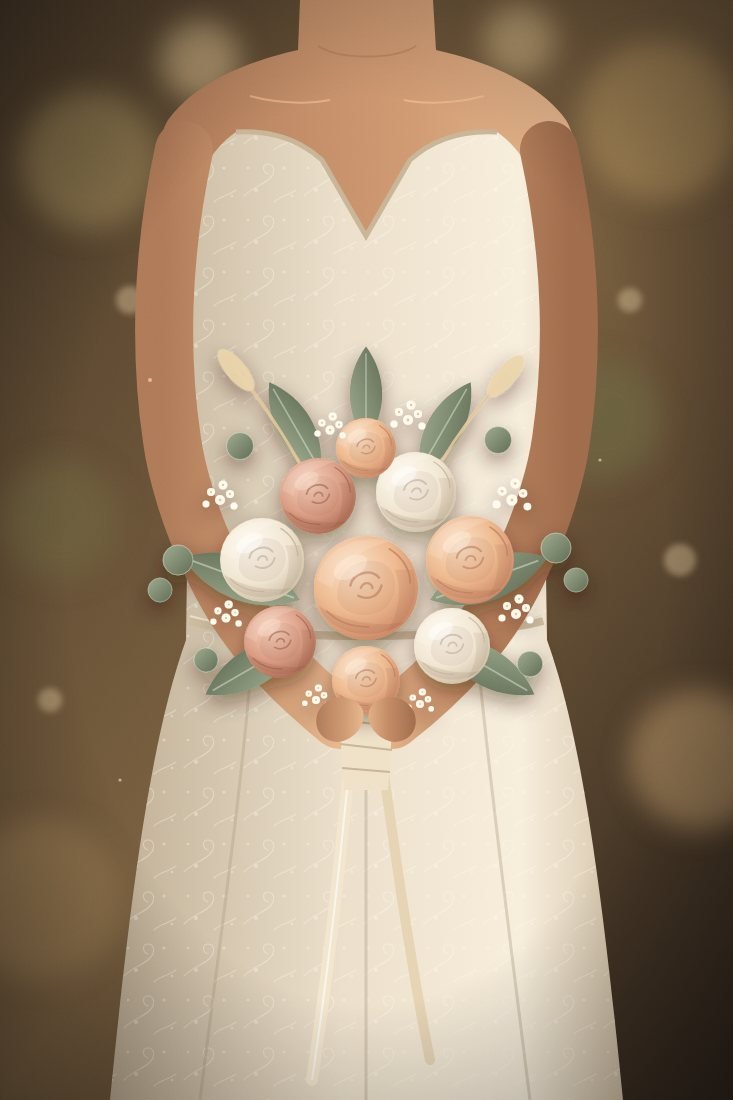 Ilustração de noiva segurando buquê de rosas-chá, rosas brancas e folhagens