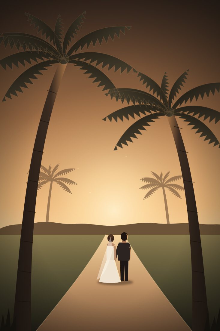Ilustração de noivos caminhando de mãos dadas por um caminho entre palmeiras