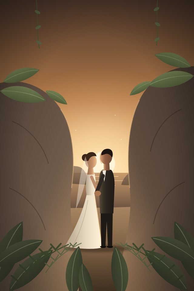 Ilustração de noivos de mãos dadas entre grandes pedras e vegetação tropical