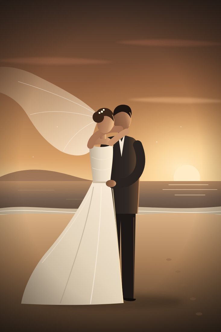 Ilustração de noivos abraçados na areia da praia, com o véu longo ao vento