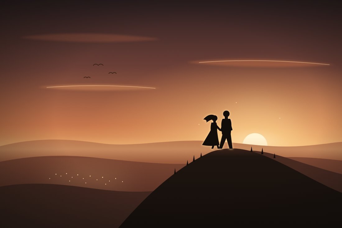Ilustração de casal caminhando de mãos dadas no alto de colinas ao entardecer