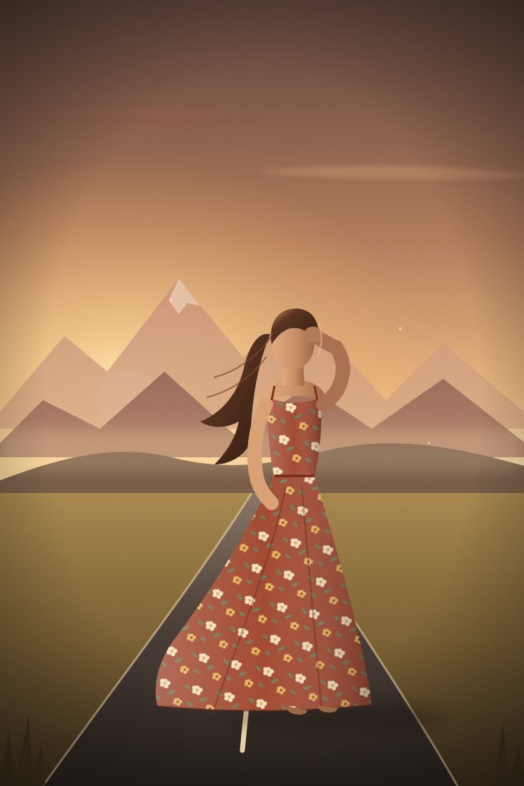 Ilustração de mulher de vestido floral em uma estrada, com montanhas ao fundo