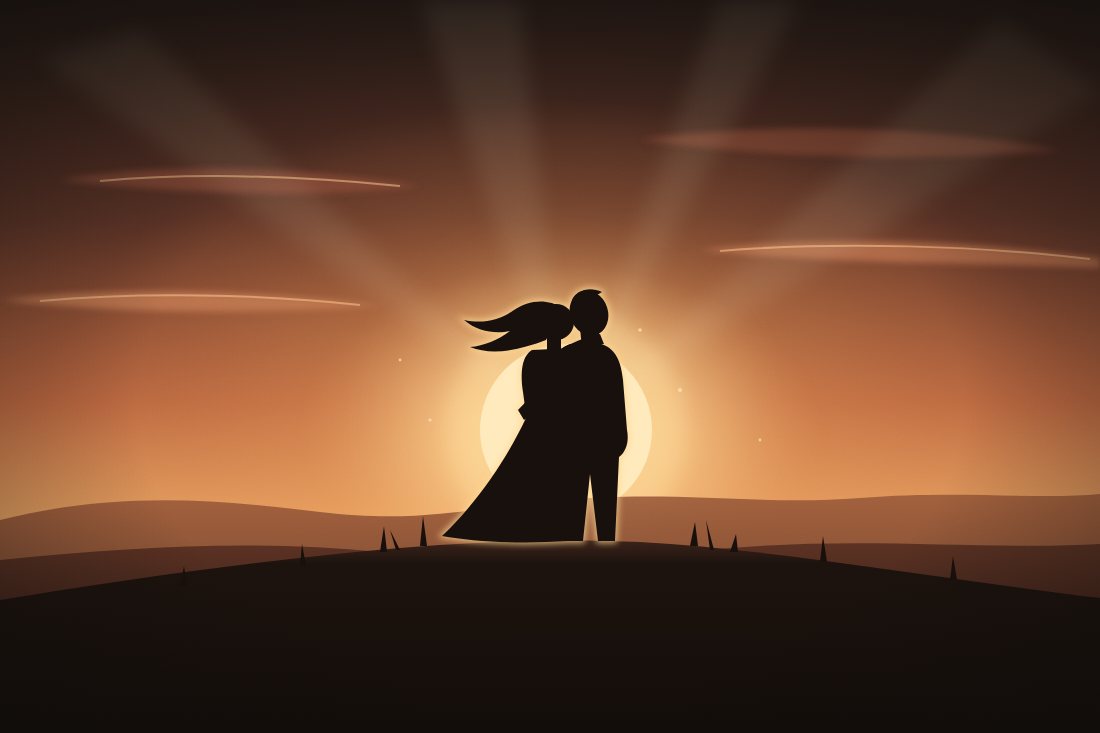 Ilustração da silhueta de um casal abraçado no alto de um morro, contra o sol se pondo