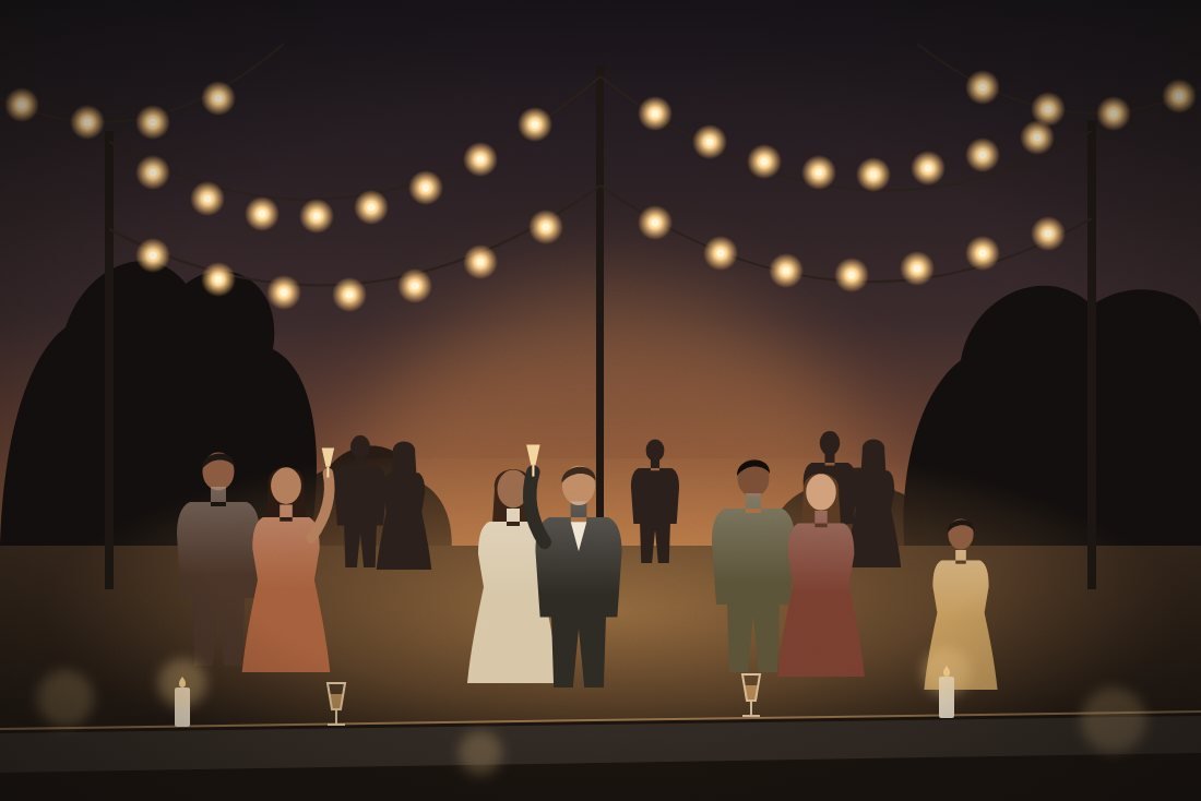 Ilustração de convidados brindando em festa ao ar livre sob varais de lâmpadas