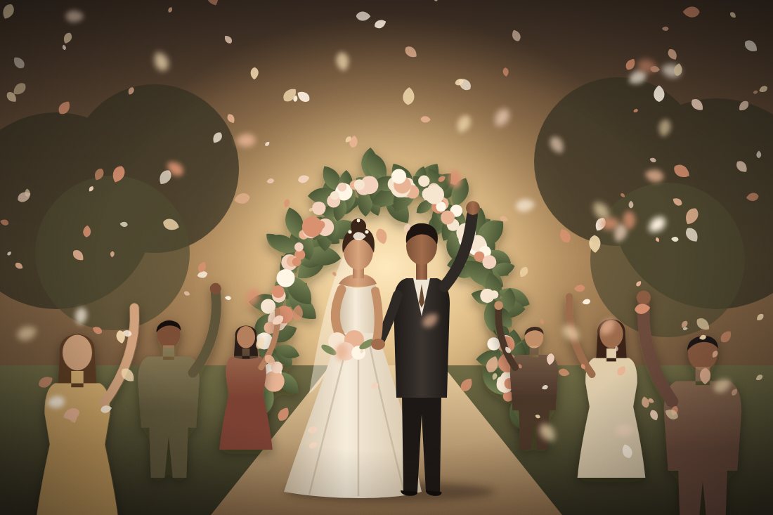 Ilustração de noivos saindo da cerimônia sob chuva de pétalas lançadas pelos convidados