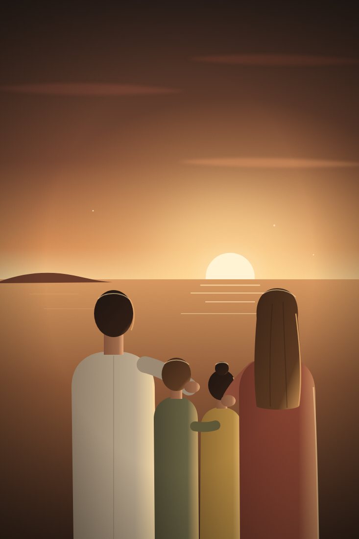 Ilustração de família abraçada, vista de costas, olhando o mar ao pôr do sol