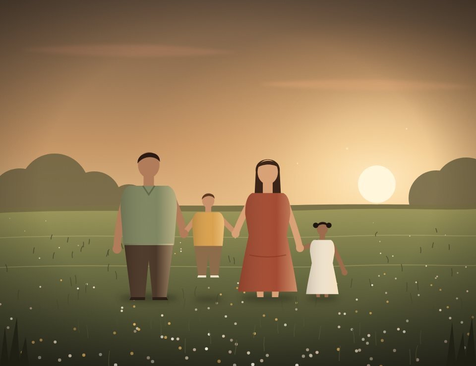 Ilustração de pais e filhos de mãos dadas em um campo verde florido