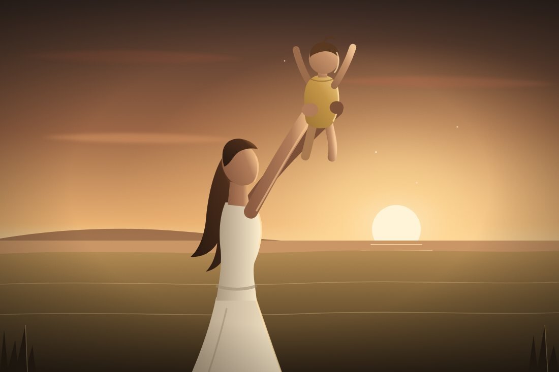 Ilustração de mãe erguendo o filho pequeno no ar em um campo ao pôr do sol