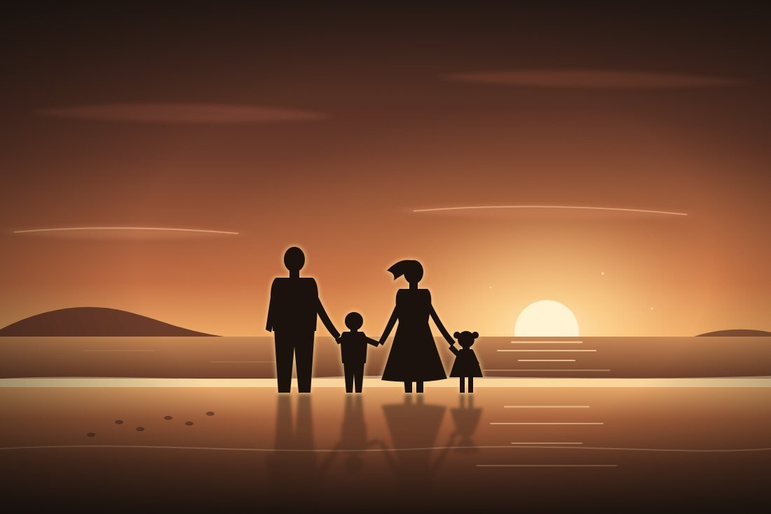 Ilustração de família de mãos dadas na beira da praia ao pôr do sol, refletida na areia molhada