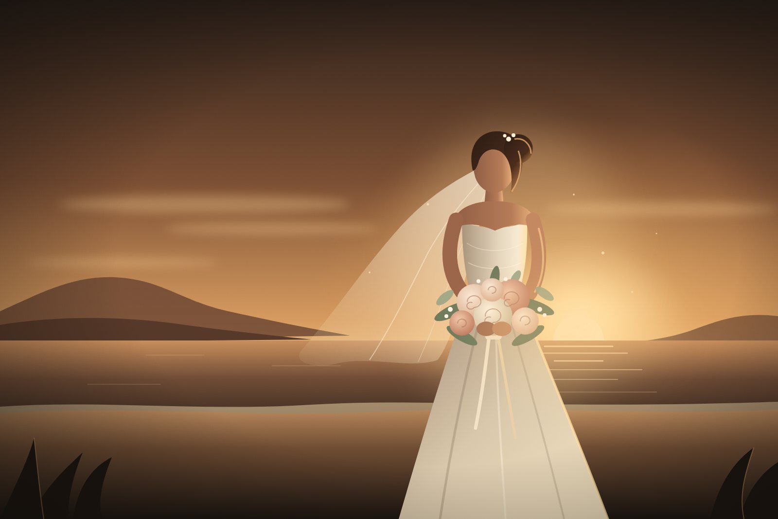 Ilustração de noiva segurando o buquê diante do mar sob a luz dourada do fim de tarde