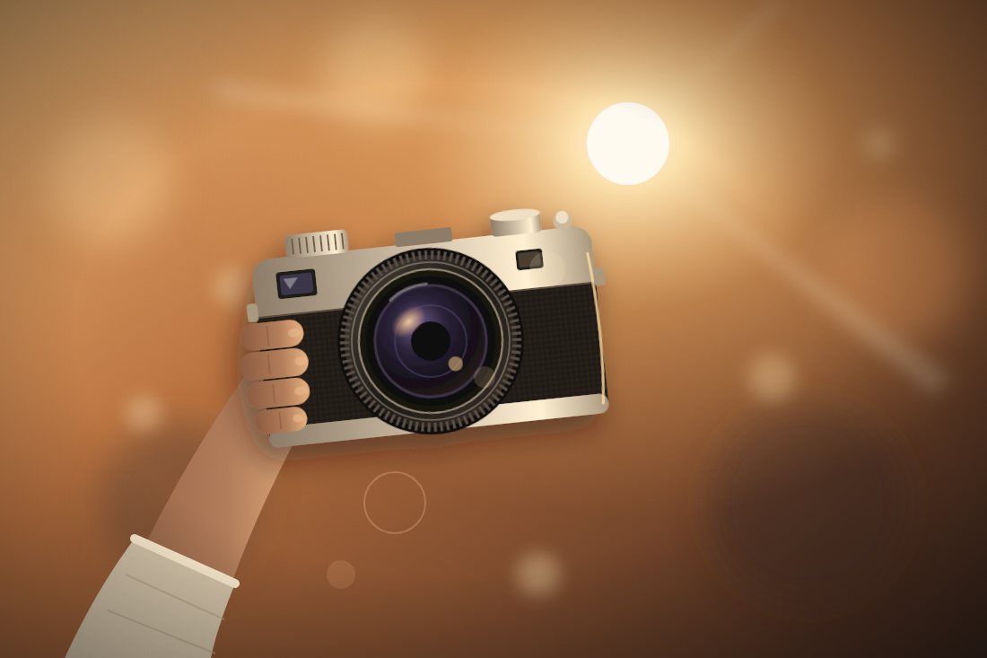 Ilustração de mão segurando uma câmera fotográfica retrô contra a luz do sol