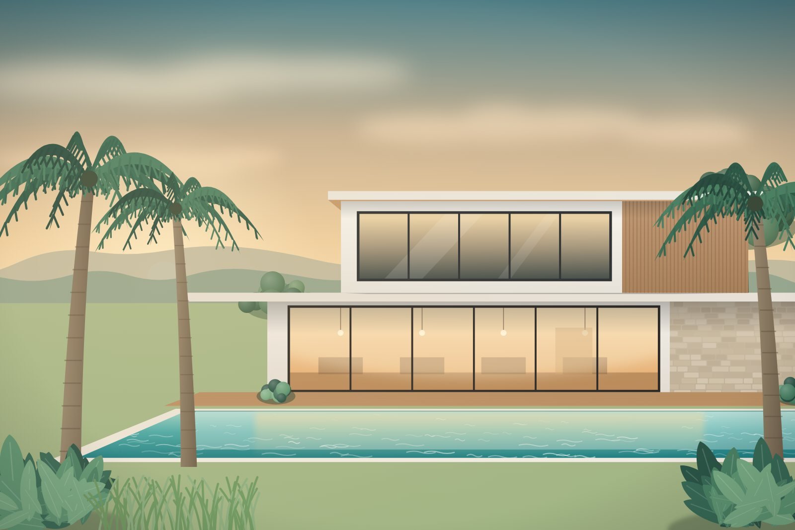 Ilustração de casa contemporânea com piscina e grandes vãos de vidro ao entardecer