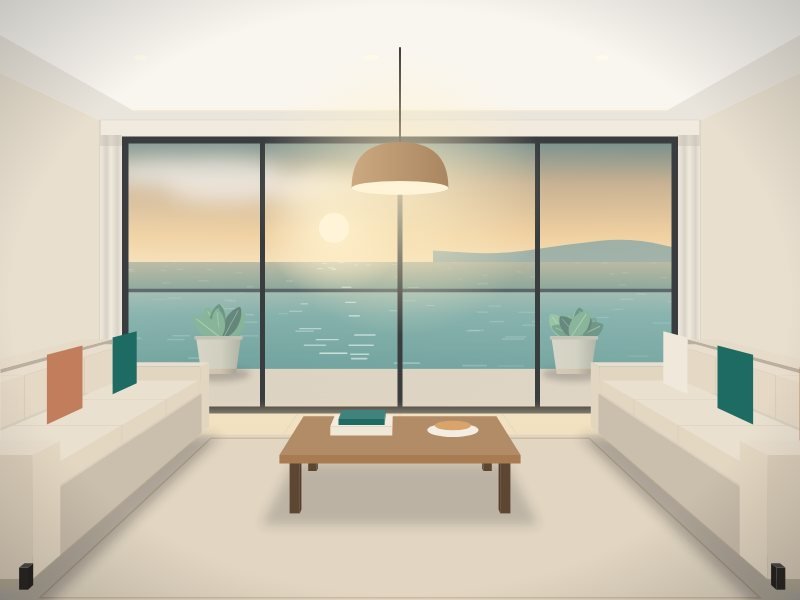 Ilustração de sala de estar ampla integrada à varanda com vista para o mar
