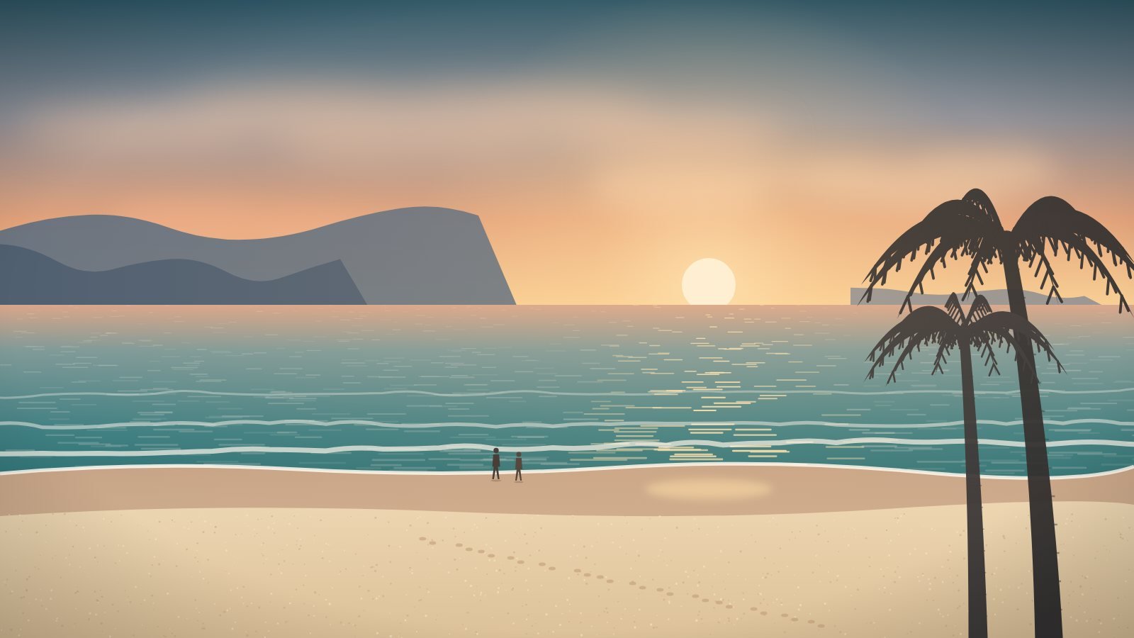 Ilustração de faixa de areia e mar ao entardecer