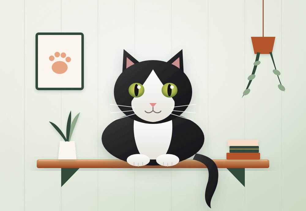 Ilustração de gato preto e branco deitado em uma prateleira, olhando para a frente