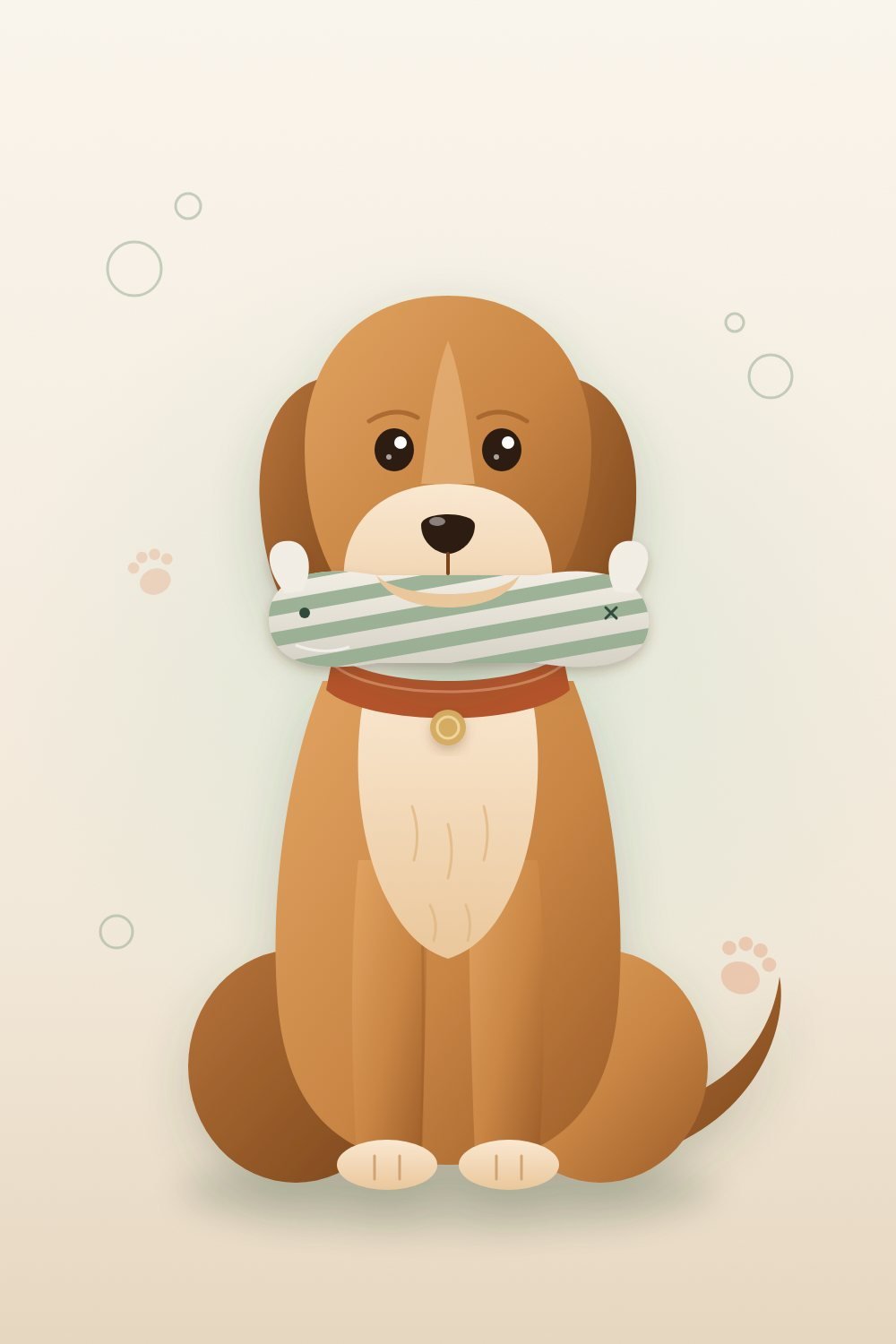 Ilustração de cachorro de pelagem caramelo sentado, segurando um brinquedo de pelúcia listrado na boca