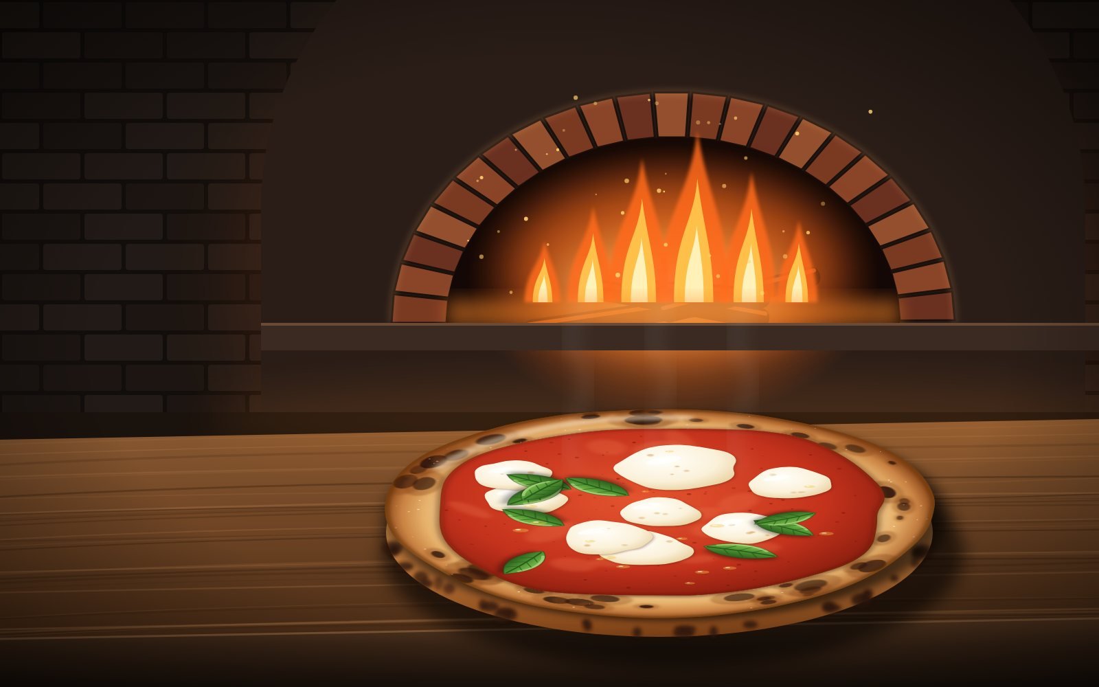 Ilustração de pizza margherita de borda tostada sobre tábua de madeira, com o fogo do forno a lenha ao fundo